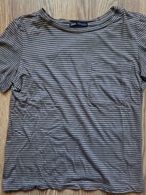 Zara Women's Tan and Black Striped Pocket T‑Shirt
